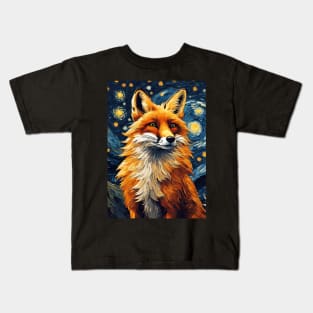 Adorable Fox Portrait Animal Painting in a Van Gogh Starry Night Art Style Kids T-Shirt